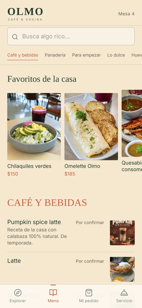 App de mesa, menú